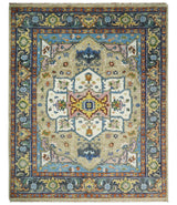 Ivory, Beige, Blue and Charcoal Traditional Heriz Hand Knotted Multi Size wool Area Rug