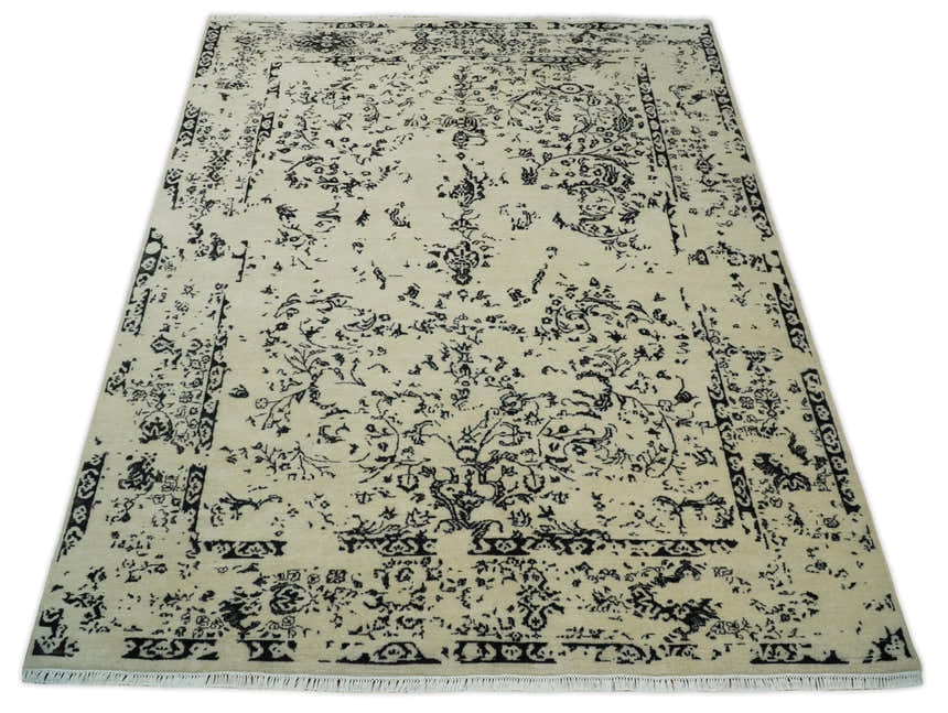 8x10 Fine Hand Knotted Beige and Black Traditional Vintage Persian Antique Wool Rug | AGR35
