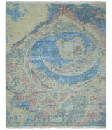 8x10 Fine Hand Knotted Beige and Blue Modern Abstract Style Antique Wool and Silk Area Rug | AGR37