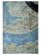 8x10 Fine Hand Knotted Beige and Blue Modern Abstract Style Antique Wool and Silk Area Rug | AGR37
