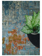 8x10 Fine Hand Knotted Beige and Blue Modern Abstract Style Antique Wool and Silk Area Rug | AGR43
