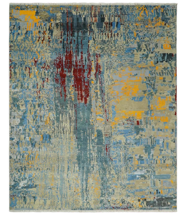 8x10 Fine Hand Knotted Beige and Blue Modern Abstract Style Antique Wool and Silk Area Rug | TRDCP630810