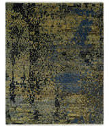 8x10 Fine Hand Knotted Beige, Black and Blue Modern Abstract Style Antique Wool and Silk Area Rug | TRDCP629810