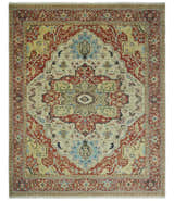 8x10 Fine Hand Knotted Beige, Blue and Rust Traditional Vintage Heriz Serapi Antique Wool Rug | TRDCP466810