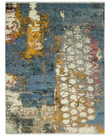 8x10 Fine Hand Knotted Ivory and Blue Modern Abstract Style Antique Wool and Silk Area Rug | TRDCP631810