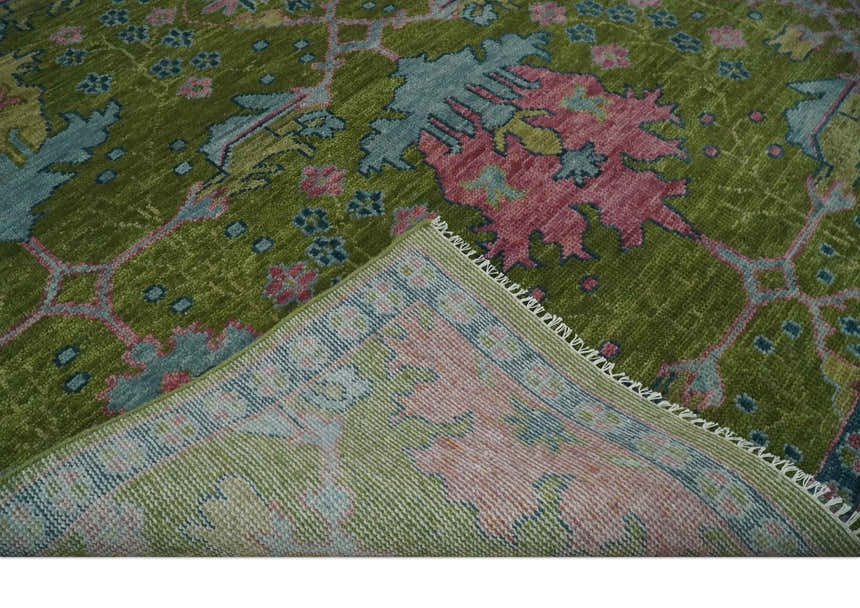 Ready to Ship Green, Blue and Peach Hand Knotted Vibrant Donegal Floral Wool Rug