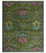 Ready to Ship Green, Blue and Peach Hand Knotted Vibrant Donegal Floral Wool Rug