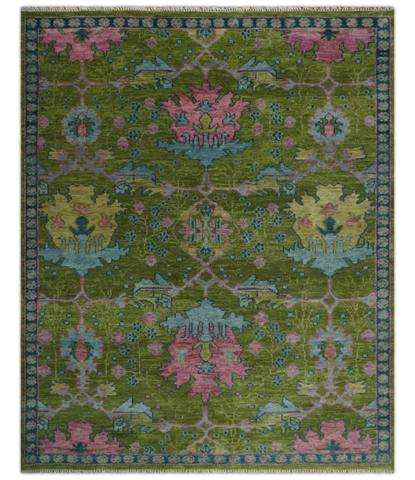Ready to Ship Green, Blue and Peach Hand Knotted Vibrant Donegal Floral Wool Rug