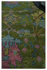 Ready to Ship Green, Blue and Peach Hand Knotted Vibrant Donegal Floral Wool Rug