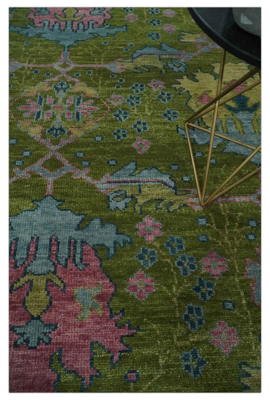 Ready to Ship Green, Blue and Peach Hand Knotted Vibrant Donegal Floral Wool Rug