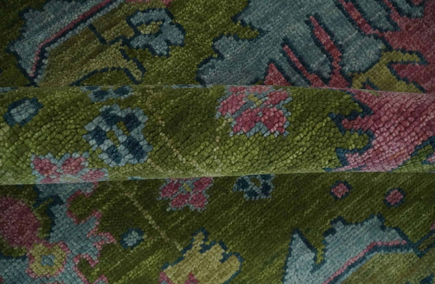 Ready to Ship Green, Blue and Peach Hand Knotted Vibrant Donegal Floral Wool Rug