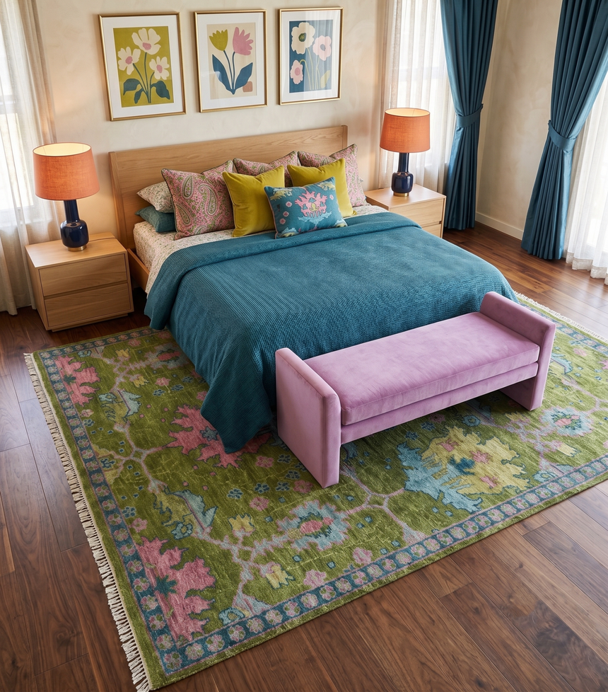 Ready to Ship Green, Blue and Peach Hand Knotted Vibrant Donegal Floral Wool Rug