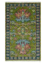 Ready to Ship Green, Blue and Peach Hand Knotted Vibrant Donegal Floral Wool Rug