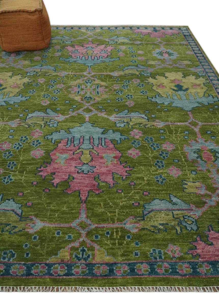 Ready to Ship Green, Blue and Peach Hand Knotted Vibrant Donegal Floral Wool Rug