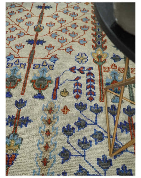 Hand Knotted Antique Ivory, Blue and Gray Traditional Vintage Style Oushak Wool Rug