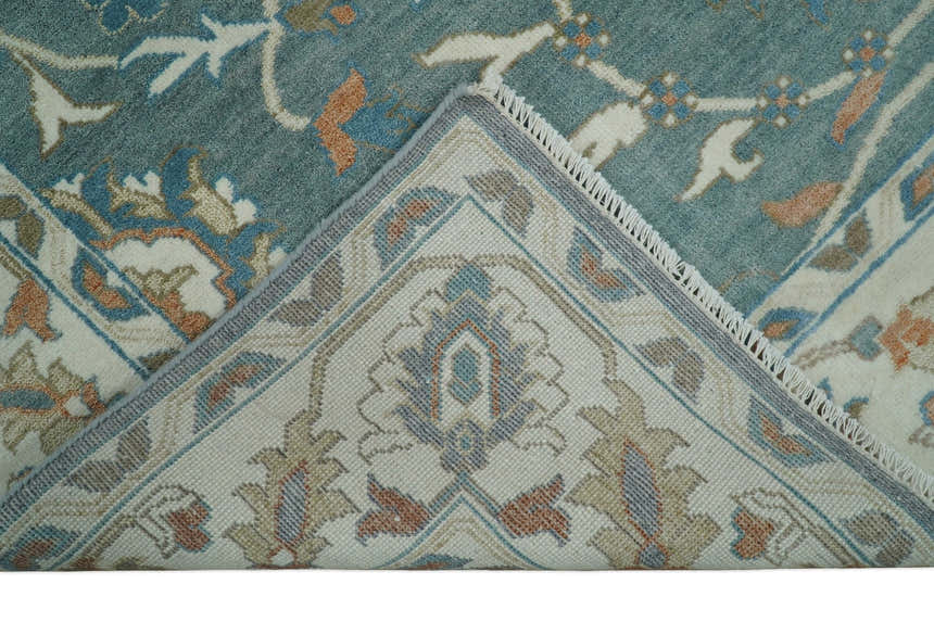 8x10 Hand Knotted Blue and Beige Traditional Vintage Turkish Oushak Antique Wool Rug | TRDCP756810