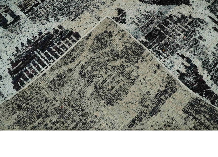 4x6 and 8x10 Hand Knotted Ivory, Charcoal and Brown Antique Persian Style Contemporary Recycled Silk Area Rug | OP46
