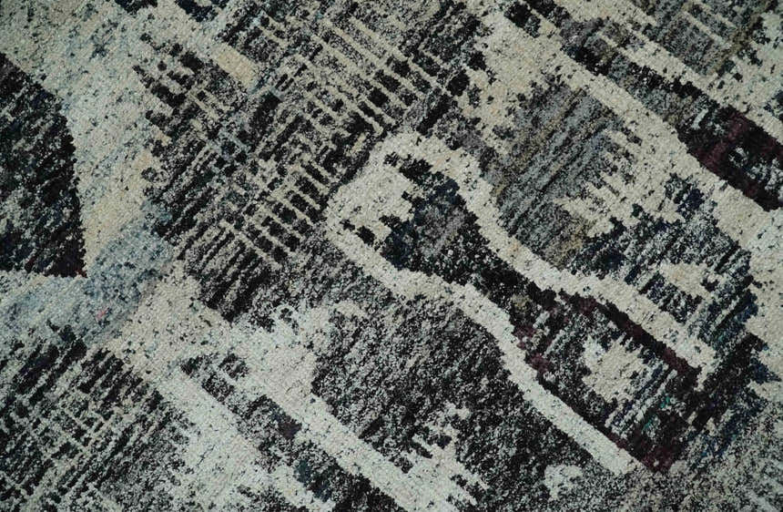 4x6 and 8x10 Hand Knotted Ivory, Charcoal and Brown Antique Persian Style Contemporary Recycled Silk Area Rug | OP46