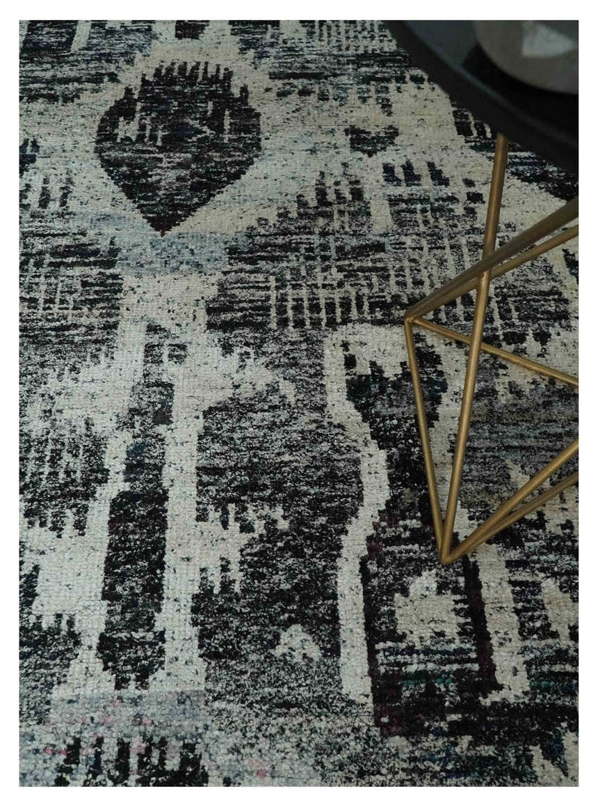 4x6 and 8x10 Hand Knotted Ivory, Charcoal and Brown Antique Persian Style Contemporary Recycled Silk Area Rug | OP46