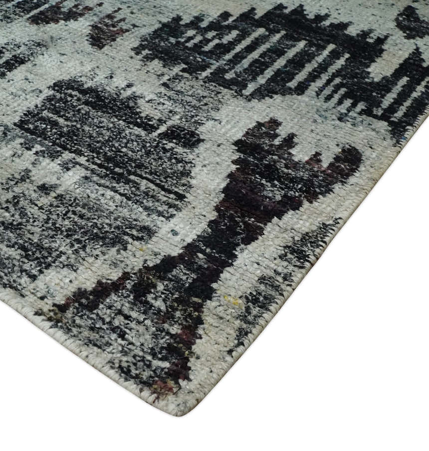 4x6 and 8x10 Hand Knotted Ivory, Charcoal and Brown Antique Persian Style Contemporary Recycled Silk Area Rug | OP46