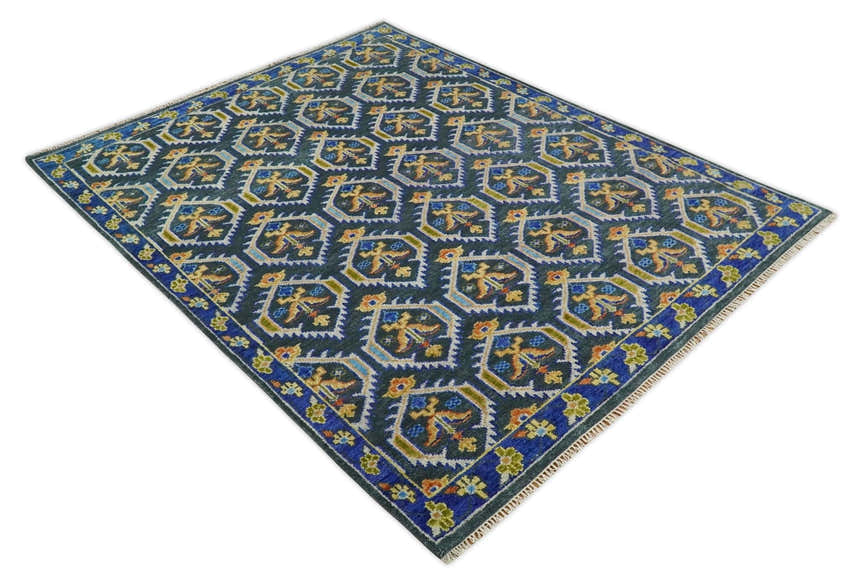 Hand Knotted Blue, Gold and Moss Green Vintage Style Custom Made wool Area Rug