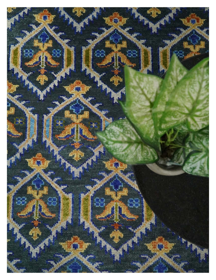 Hand Knotted Blue, Gold and Moss Green Vintage Style Custom Made wool Area Rug