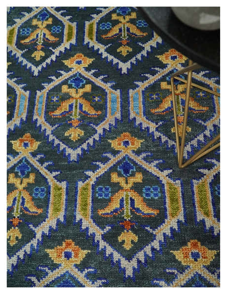 Hand Knotted Blue, Gold and Moss Green Vintage Style Custom Made wool Area Rug