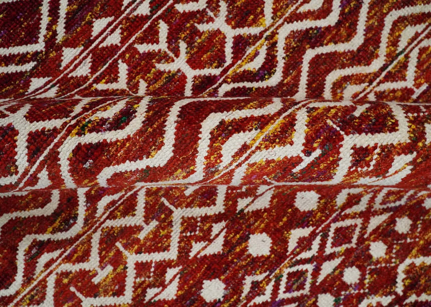 8x10 Hand Knotted Rust, Gold and White Modern Contemporary Southwestern Tribal Trellis Recycled Silk Area Rug