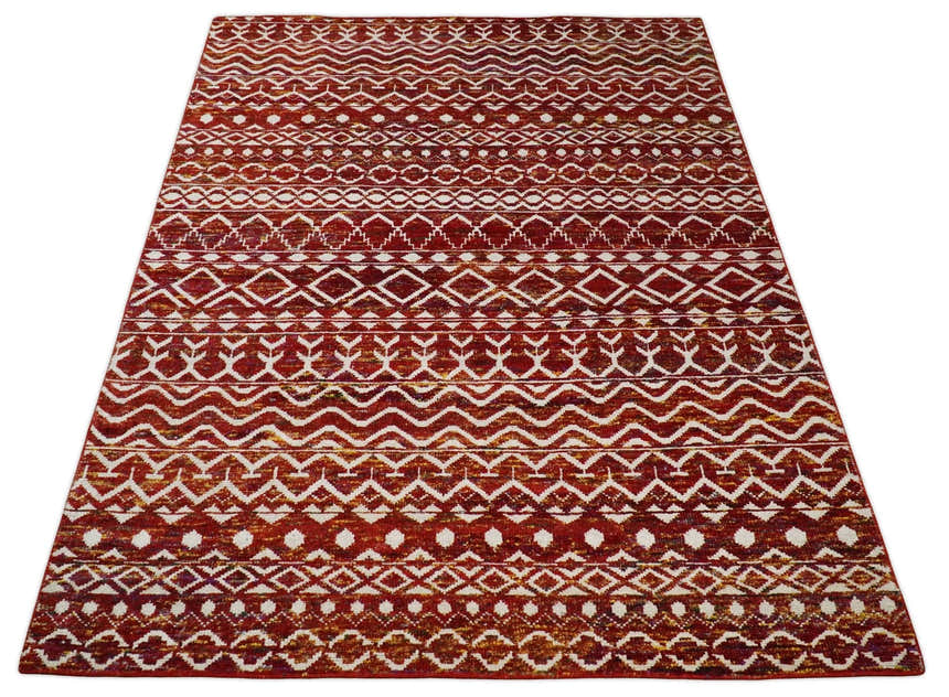 8x10 Hand Knotted Rust, Gold and White Modern Contemporary Southwestern Tribal Trellis Recycled Silk Area Rug