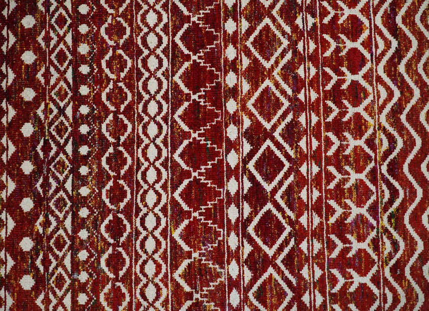 8x10 Hand Knotted Rust, Gold and White Modern Contemporary Southwestern Tribal Trellis Recycled Silk Area Rug
