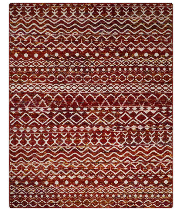 8x10 Hand Knotted Rust, Gold and White Modern Contemporary Southwestern Tribal Trellis Recycled Silk Area Rug