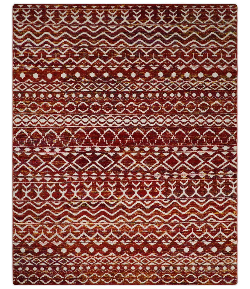 8x10 Hand Knotted Rust, Gold and White Modern Contemporary Southwestern Tribal Trellis Recycled Silk Area Rug