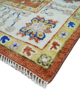 Rust, Ivory and Blue Hand Knotted Oriental Oushak Custom Made wool Area Rug