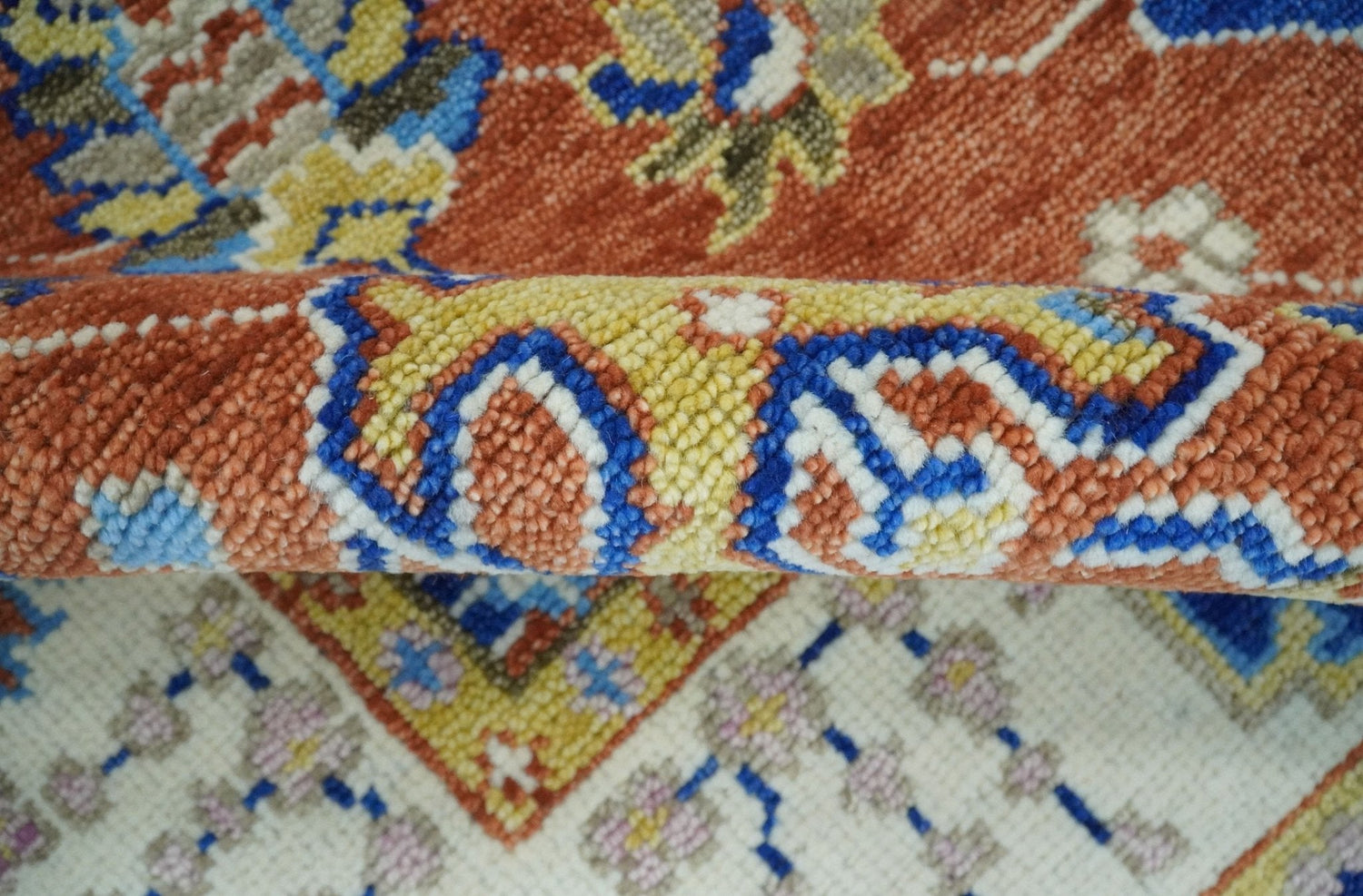 Rust, Ivory and Blue Hand Knotted Oriental Oushak Custom Made wool Area Rug