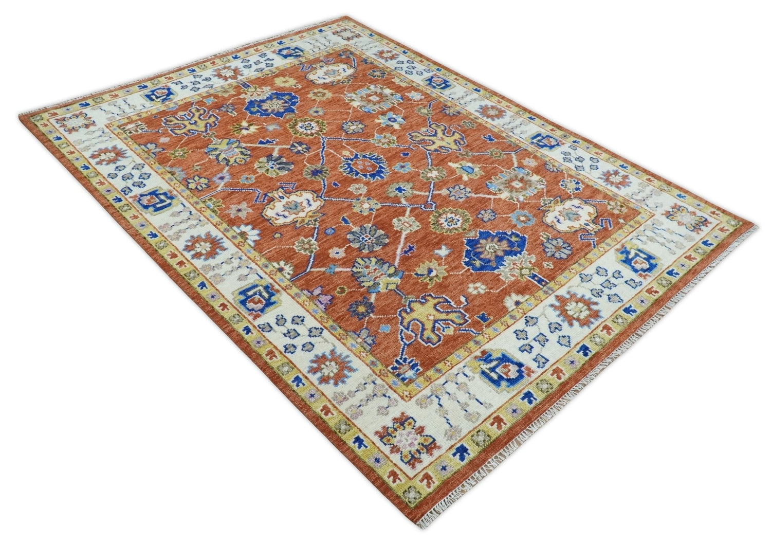 Rust, Ivory and Blue Hand Knotted Oriental Oushak Custom Made wool Area Rug