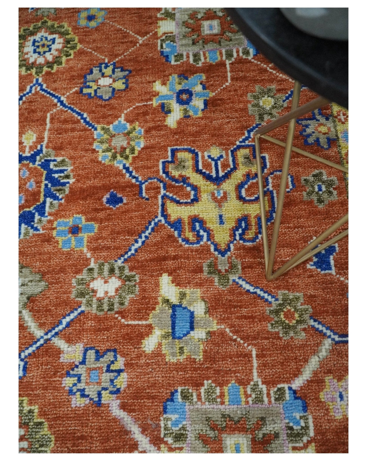 Rust, Ivory and Blue Hand Knotted Oriental Oushak Custom Made wool Area Rug