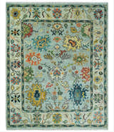 Vibrant Colorful Aqua, Ivory, Gold and Rust Hand Knotted Traditional Oushak Multi Size wool Area Rug