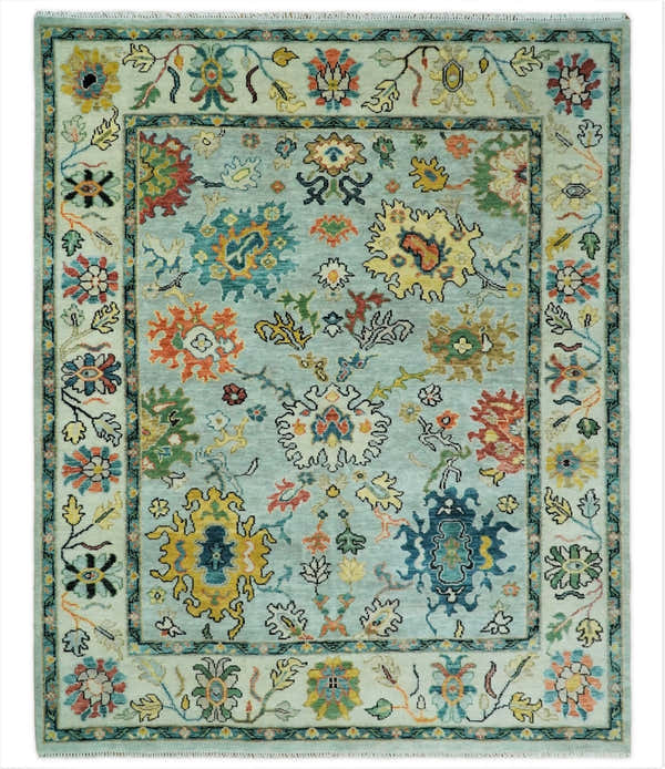 Vibrant Colorful Aqua, Ivory, Gold and Rust Hand Knotted Traditional Oushak Multi Size wool Area Rug