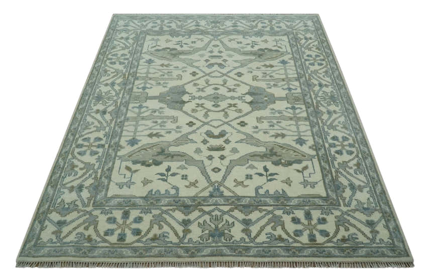 Richmond Custom Made Ivory and Olive Hand Knotted Oushak Wool Rug