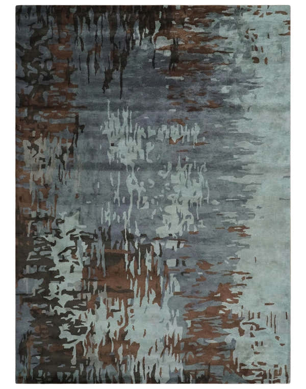 8x11 Gray, Silver and Brown Modern Abstract Hand Tufted wool and Art silk Area Rug
