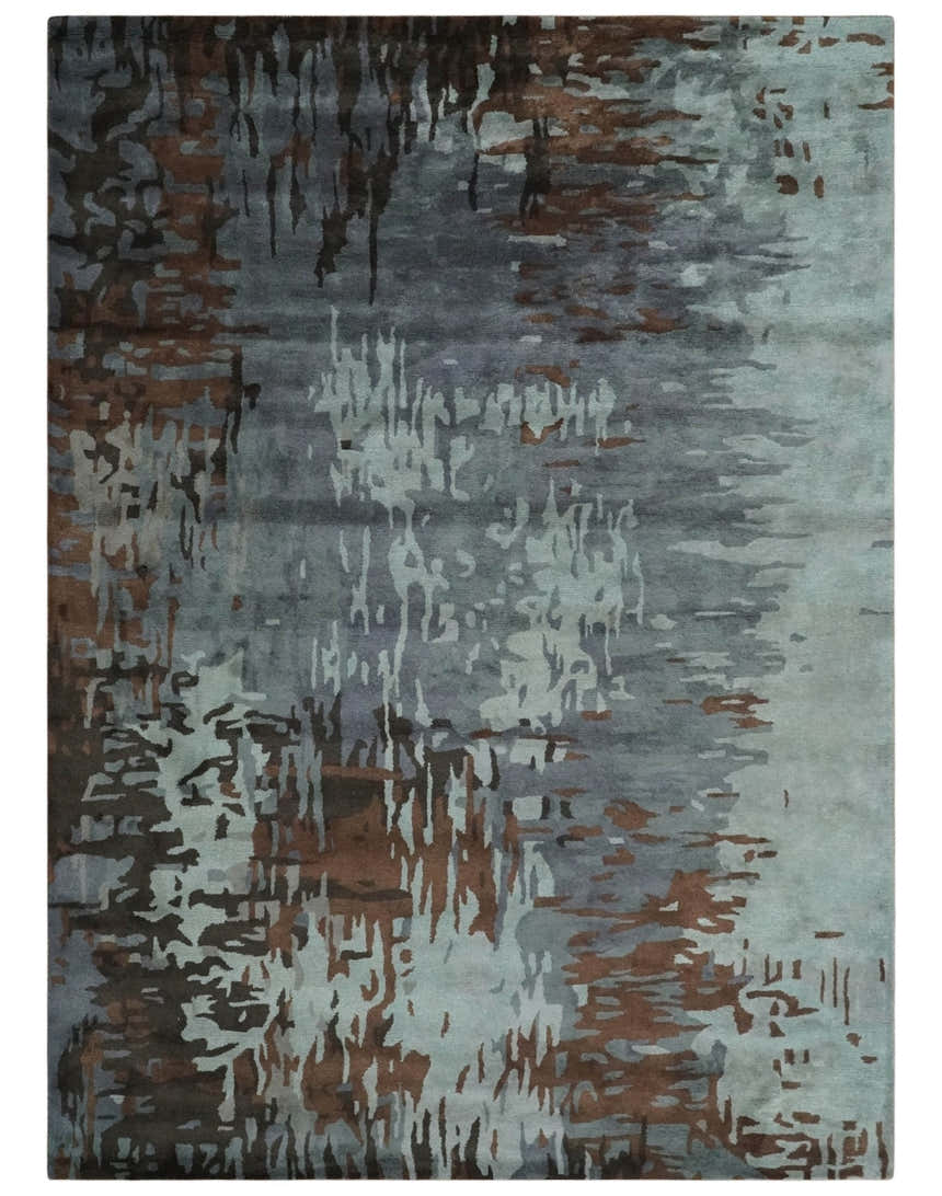 8x11 Gray, Silver and Brown Modern Abstract Hand Tufted wool and Art silk Area Rug