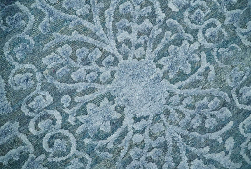 8x9.7 Blue Antique Style, Distressed Finish Hand Carved Traditional Medalian Hand Knotted Wool and Silk Rug