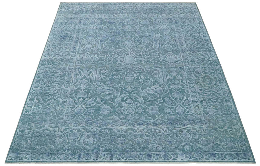 8x9.7 Blue Antique Style, Distressed Finish Hand Carved Traditional Medalian Hand Knotted Wool and Silk Rug
