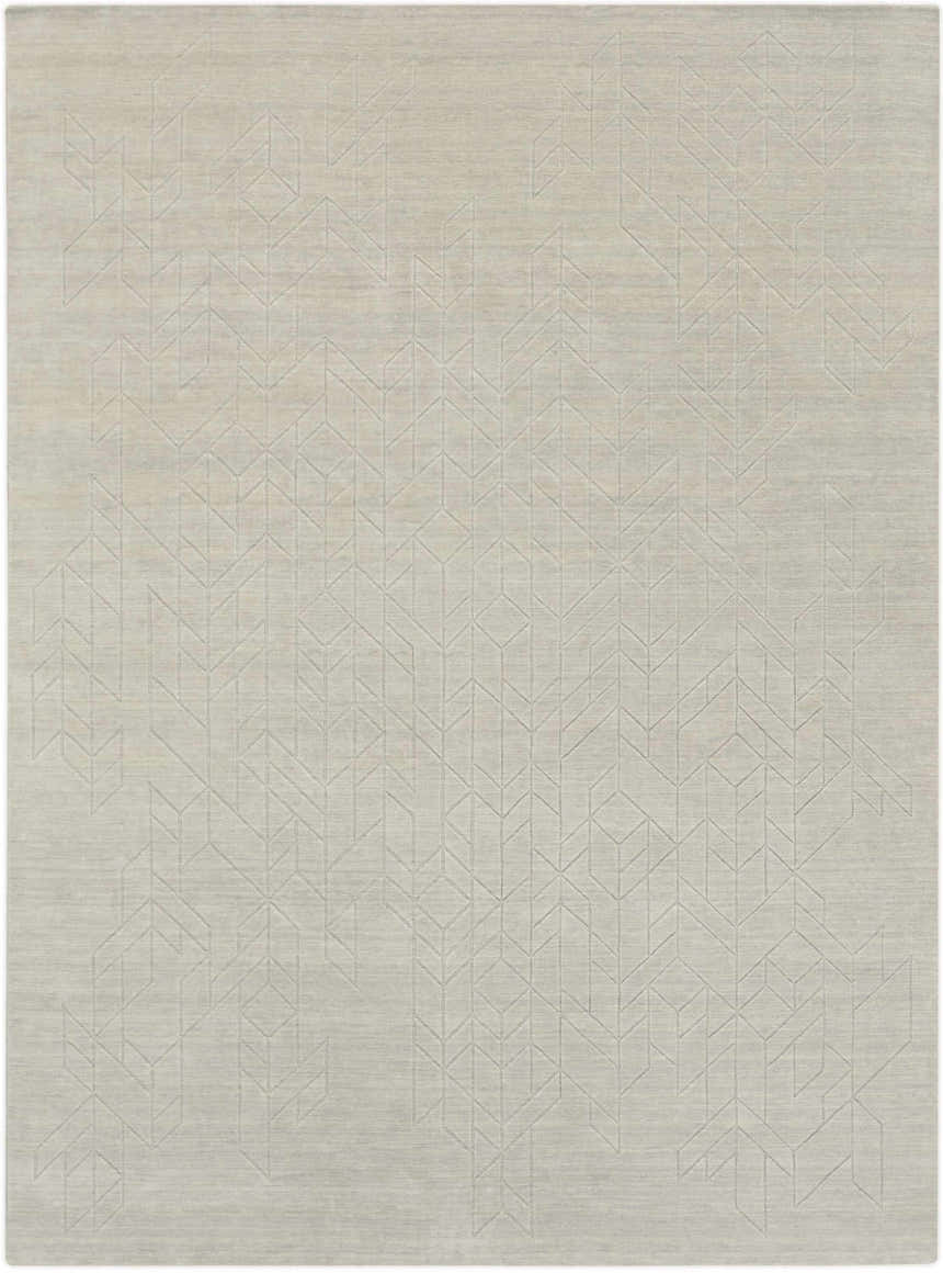 Close-up of the Nourison Alessia Sage Rug. Muted sage wool rug with a subtle geometric, mid-century modern pattern.