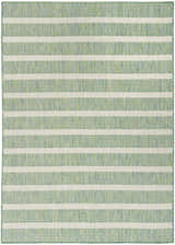 Close-up of Nourison Positano rug in blue, green, and ivory. Features a modern striped pattern and woven texture.