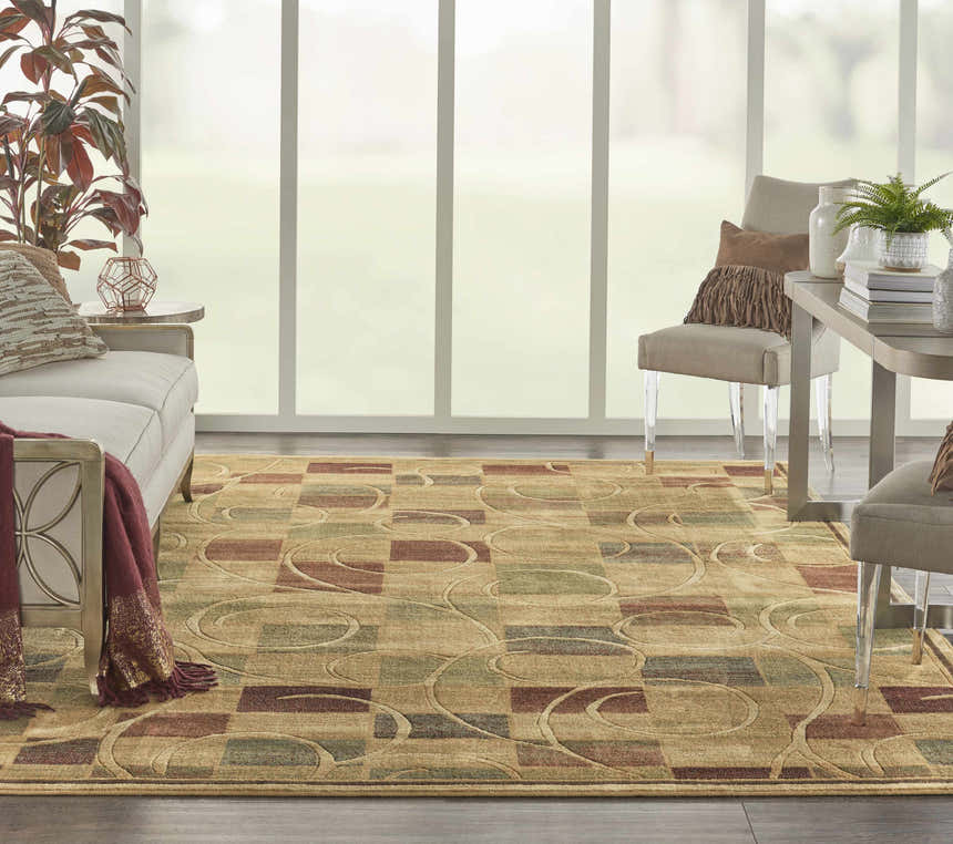 Living room scene with a Nourison Expressions Beige rug, sofa, chairs, and large window. Modern style.
