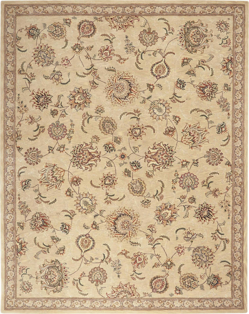 Handmade Nourison 2000 Beige Traditional Indoor Area Rug with floral pattern and decorative border. Wool and cotton rug.