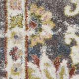 Close-up of Nourison Soraya Charcoal Multi rug. Colorful floral pattern in taupe, charcoal, and muted jewel tones. Soft texture.
