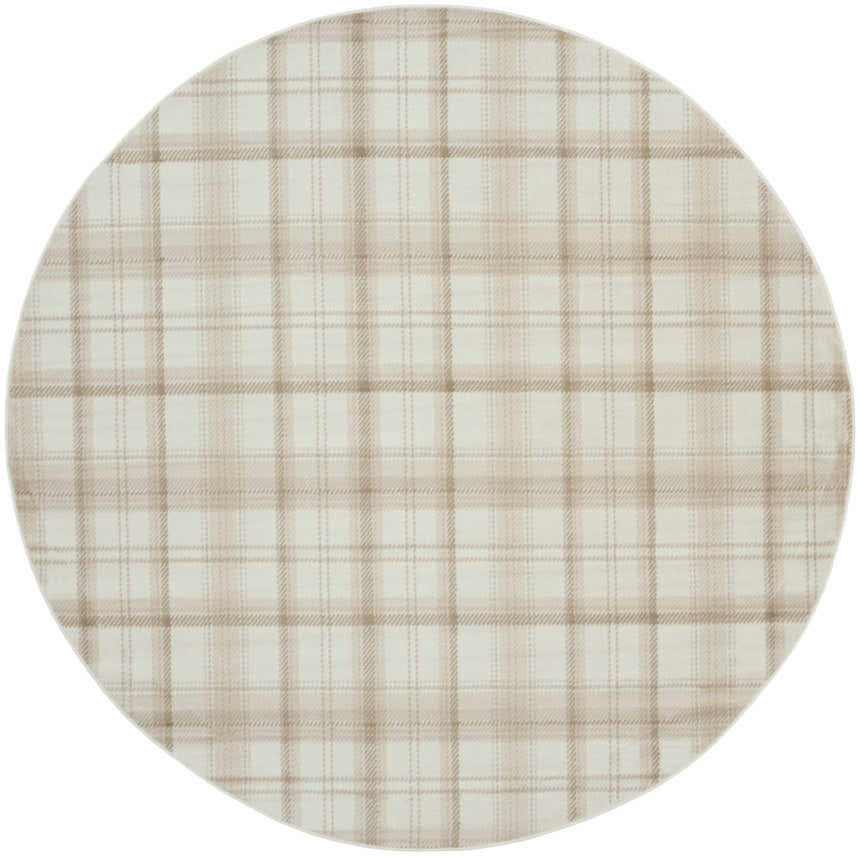 Close-up of round Nourison Grafix Ivory Beige rug with a chestnut plaid pattern, farmhouse style.