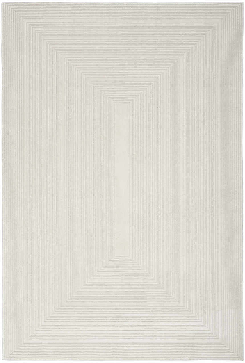 Close-up of Calvin Klein CK024 Irradiant Ivory rug. Modern design with concentric rectangles and subtle texture.